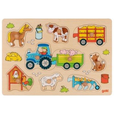 GOKI57468 Puzzle cu butoane - tractor cu remorci (9 piese)